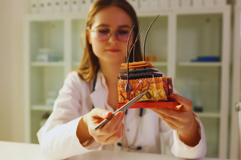 kobieta naukowiec pokazuje mitochondria odpowiedzialne za termogenezę